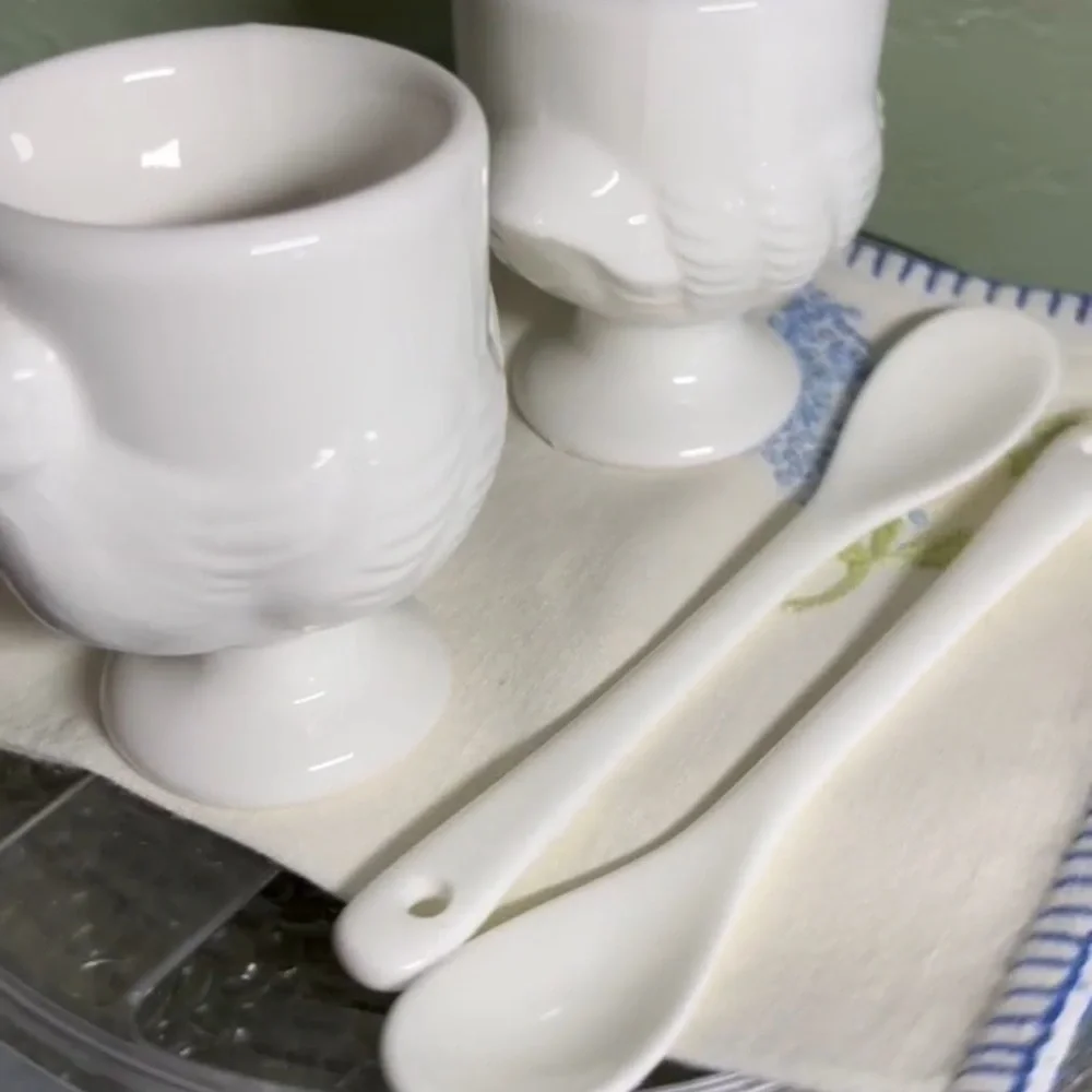 White Ceramic Egg Cups with Spoons